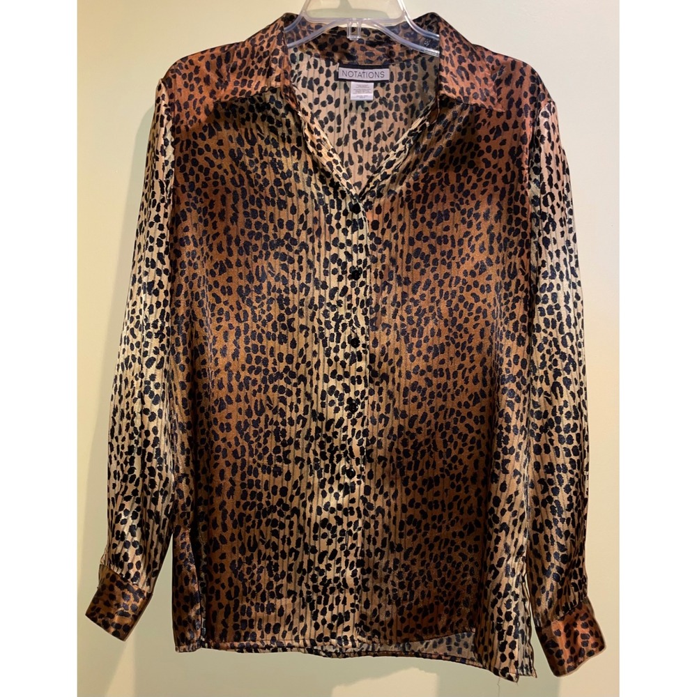 Notations Womens Leopard Print Satin Button Down Blouse Brown Tan Size M 15433